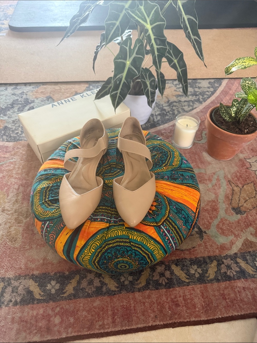 Anne Klein Nude Pointed-Toe D'Orsay Flats with Cross Strap